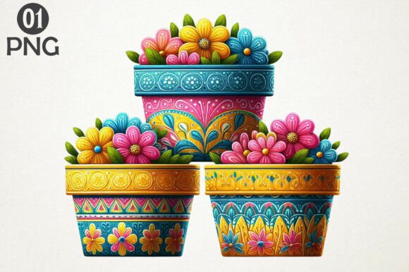 Colorful Floral Pots Decorative PNG for Creative Projects