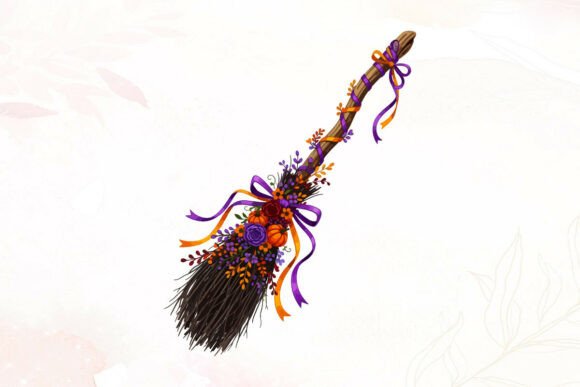 Decorative Witch Broom with Flowers: A Watercolor Graphic for Enchanting Designs